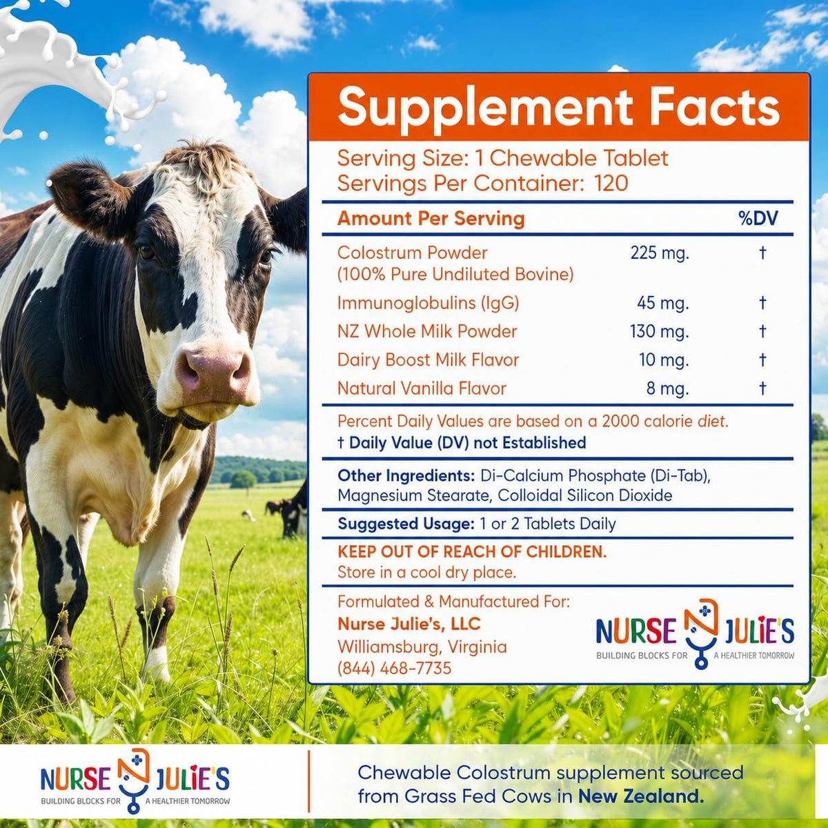 Nurse Julie's Chewable Colostrum for Kids - 120 Chewable Tablets - görsel 2