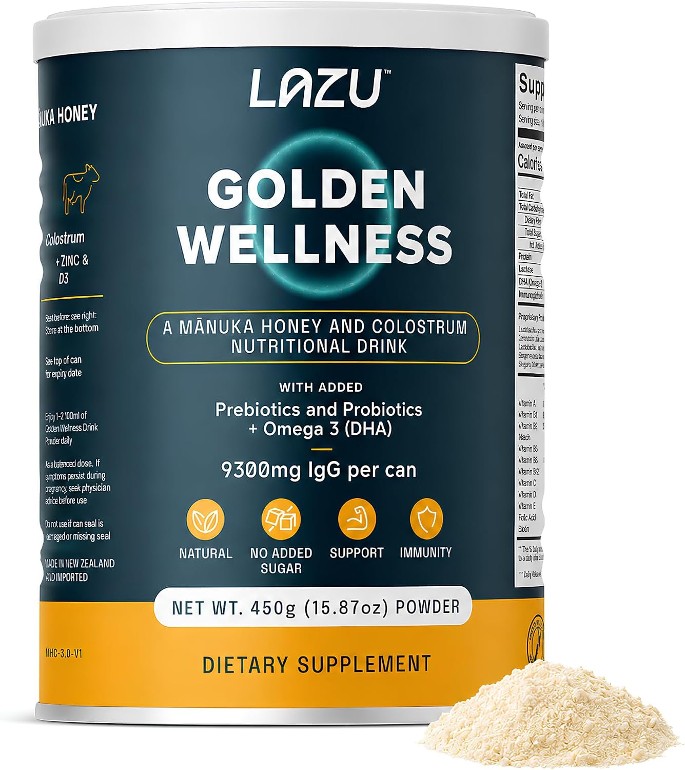 Lazu Golden Wellness Colostrum Supplement - Grass-Fed Bovine Colostrum with Manuka Honey, Probiotics & Omega-3 (450g) - görsel 1