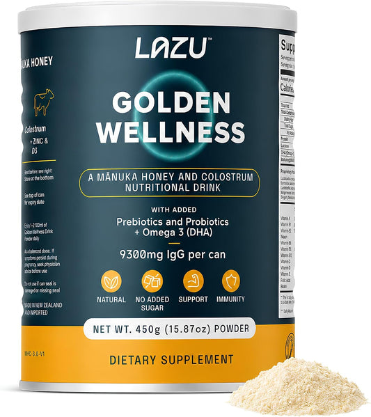 Lazu Golden Wellness Colostrum Supplement - Grass-Fed Bovine Colostrum with Manuka Honey, Probiotics & Omega-3 (450g)