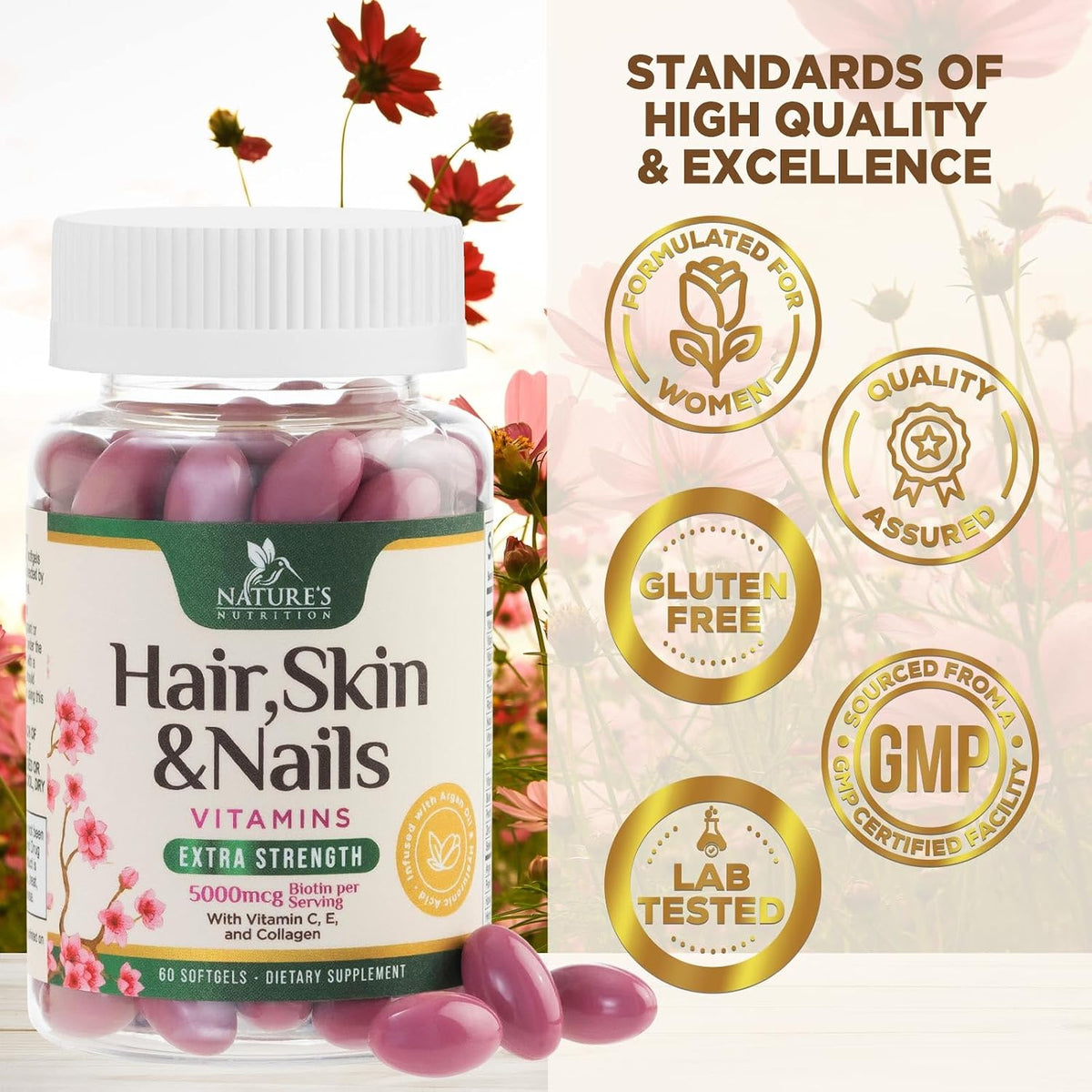 Nature's Nutrition Hair, Skin and Nails Vitamins - Biotin 5000mcg with Collagen, Argan Oil & Hyaluronic Acid - 60 Soft gel capsules - görsel 4