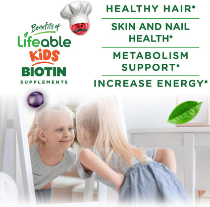 Lifeable Kids Biotin Gummies, 5000mcg, Natural Raspberry Flavour, 90 Gummies