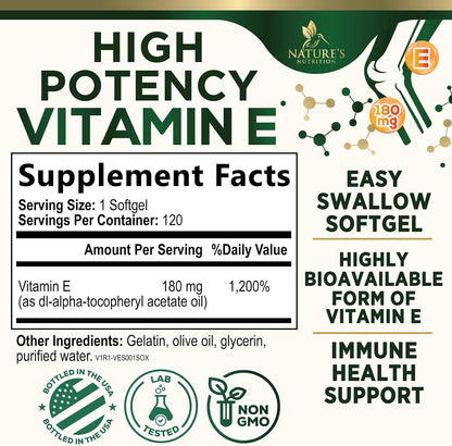Vitamin E 180mg Per Serving – dl-Alpha Tocopherol Antioxidant Supplement, Non-GMO & Gluten-free – 120 Soft gel capsules
