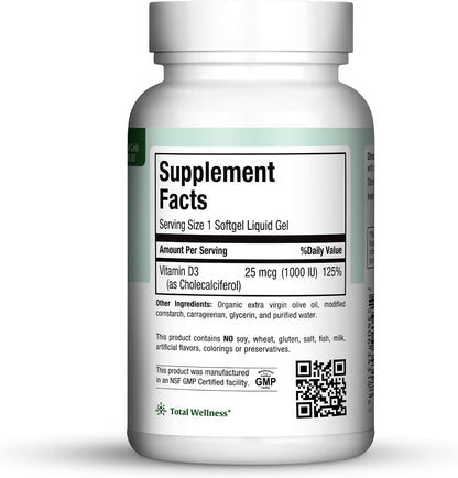 Maxi Health Vitamin D3 1000 IU Food Supplement - 180 Liquid Gels