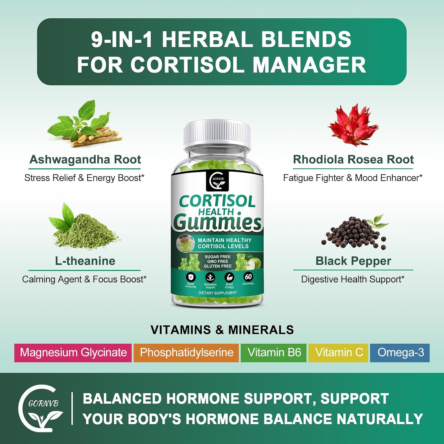 GORNVB Sugar-Free Cortisol Gummies, 9-in-1 Stress Relief & Relaxation Supplement - görsel 6