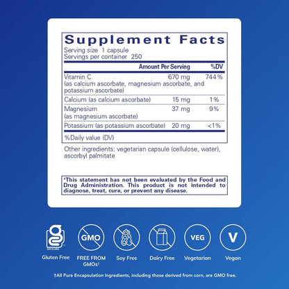 Pure Encapsulations Buffered Ascorbic Acid Capsules – Gentle Vitamin C for Sensitive Stomachs, 250 Capsules