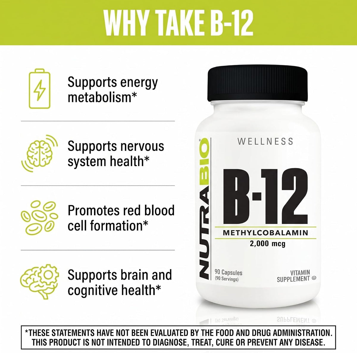 NutraBio Methyl B-12 2000mcg – Contributes to Normal Energy and Nervous System Function, 90 Vegetable Capsules - görsel 3