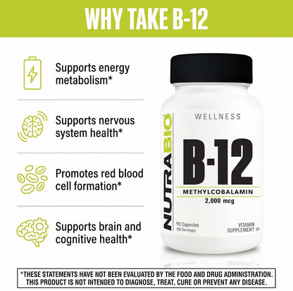 NutraBio Methyl B-12 2000mcg – Contributes to Normal Energy and Nervous System Function, 90 Vegetable Capsules