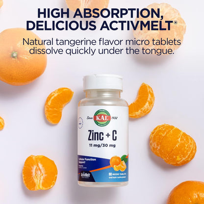 KAL Zinc Plus C ActivMelt - Instant Dissolve Vitamin C and Zinc, Immune Support, Natural Tangerine Flavour, 90 Micro Tablets