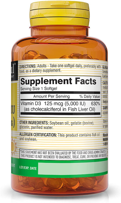 MASON NATURAL Vitamin D3 5000 IU Food Supplement – 100 Softgels