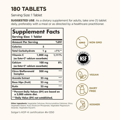 Solgar Ester-C Plus 1000 mg Vitamin C (Ascorbate Complex) - 180 Tablets