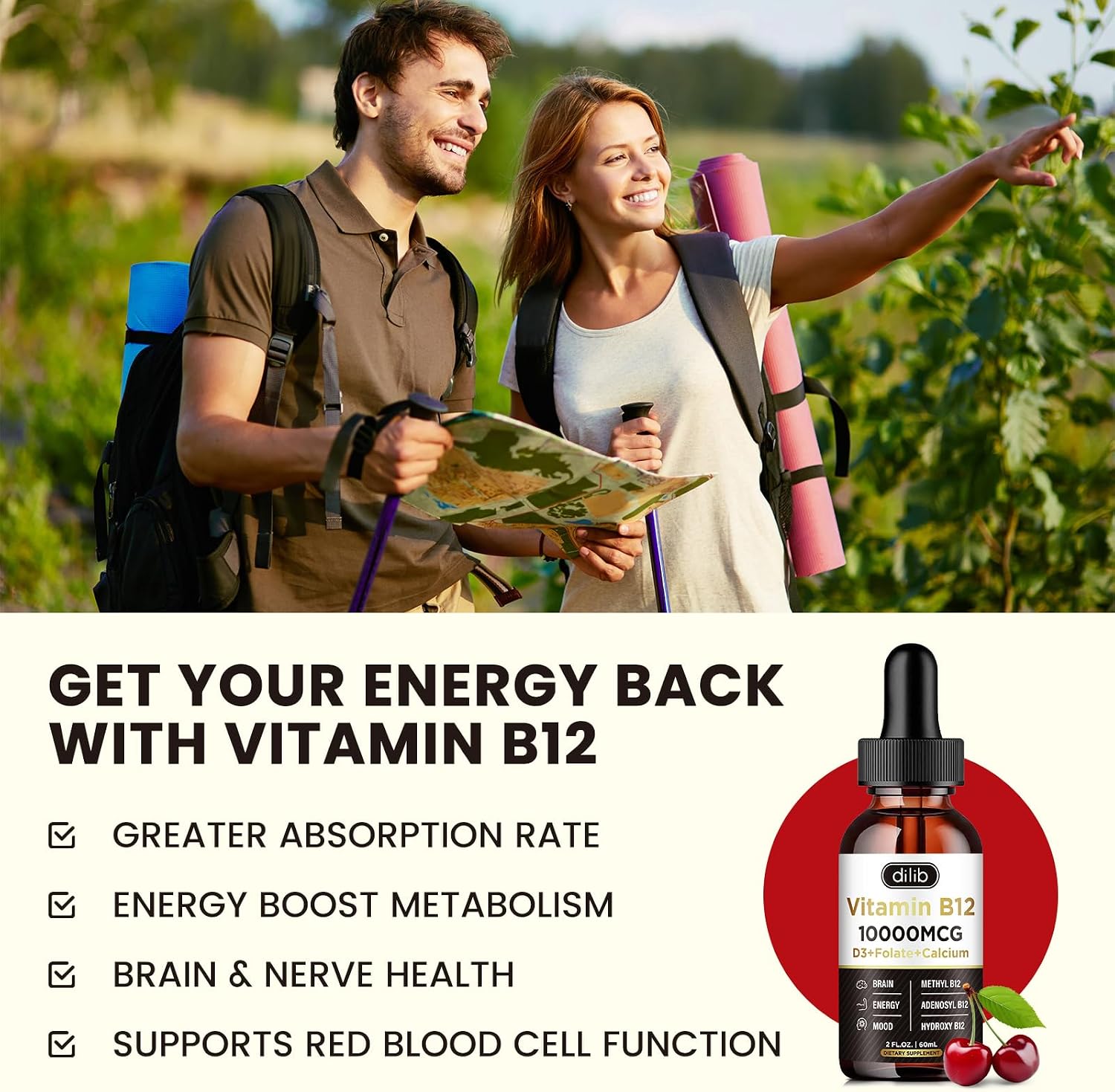 Vitamin B12 Complex 10000 mcg - Triple Liquid B12 Drops Sublingual Supplement with Methylcobalamin, Adenosylcobalamin and Hydroxocobalamin - Cherry Flavour - görsel 2