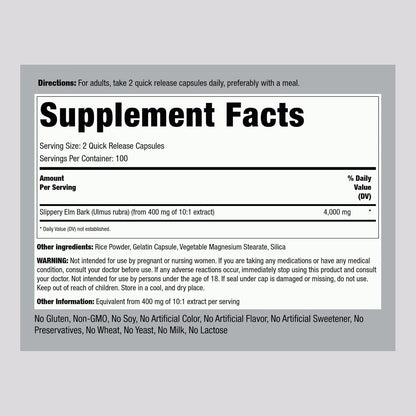 Piping Rock Slippery Elm Bark Capsules, 200 Capsules
