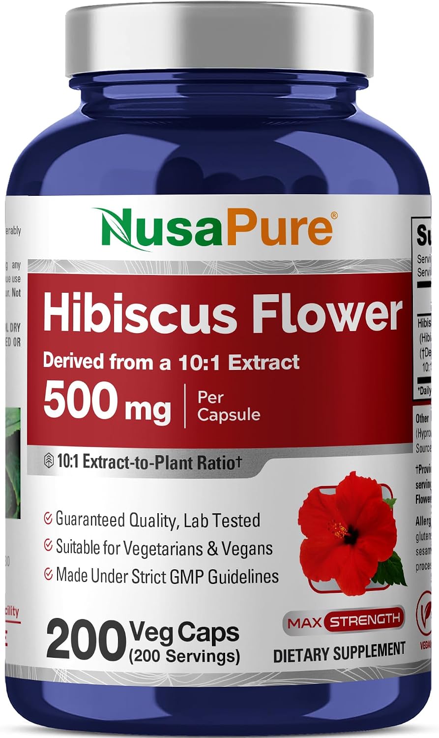 NusaPure Hibiscus Flower Capsules – 500 mg, 200 Veg Capsules (Non-GMO, Vegan) - görsel 1
