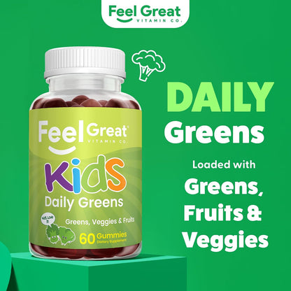 Feel Great Super Green Gummies for Kids – Vegan Fruit and Vegetable Gummy Multivitamin, 60 Count