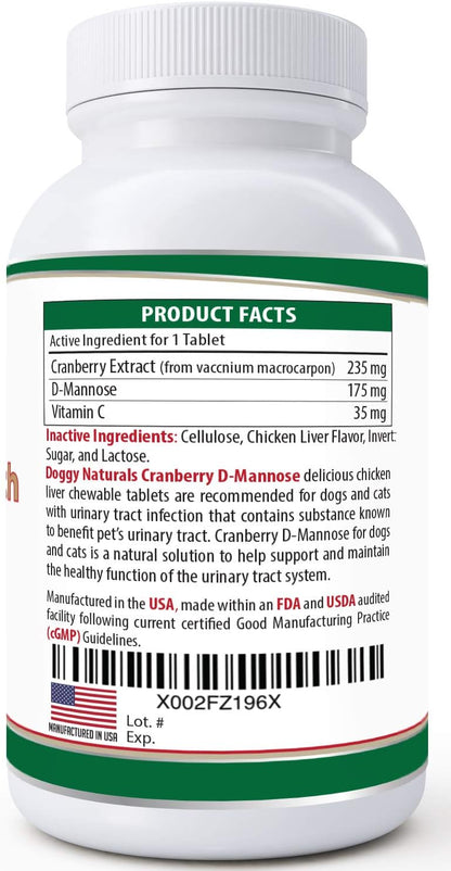 Cranberry D-Mannose for Dogs and Cats – Double Strength Chewable Tablets, 60 Count