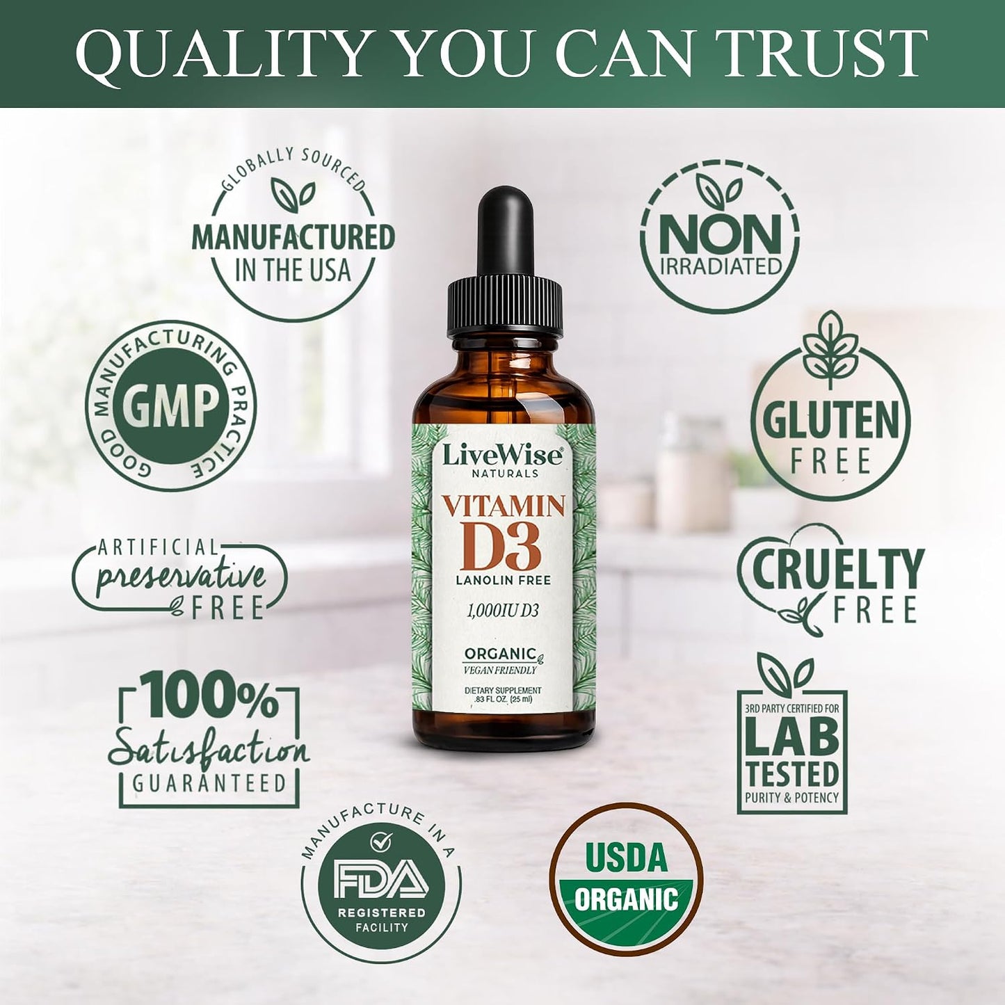 Live Wise Naturals Vitamin D3 1000 IU (25 mcg) Drops – Vegan, Organic MCT Oil, 150 Doses - görsel 7