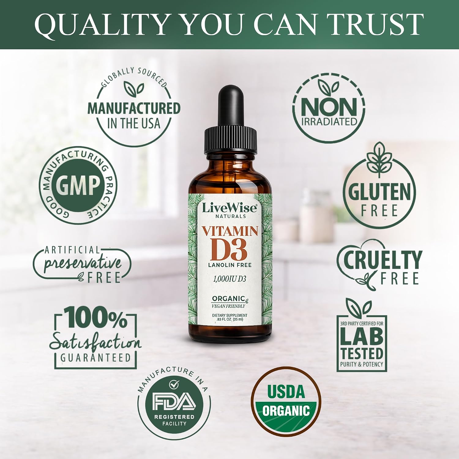 Live Wise Naturals Vitamin D3 1000 IU (25 mcg) Drops – Vegan, Organic MCT Oil, 150 Doses - görsel 7