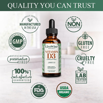 Live Wise Naturals Vitamin D3 1000 IU (25 mcg) Drops – Vegan, Organic MCT Oil, 150 Doses