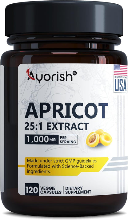 Apricot Extract 25:1, 500 mg per Capsule, 1000 mg per Serving - Immune Support Herbal Supplement (120 Capsules)
