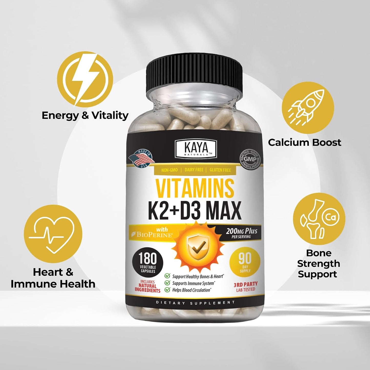 Kaya Naturals Vitamin K2 with D3 5000IU Supplement with Bioperine - Easy to Swallow Capsules (180 Count) - görsel 4