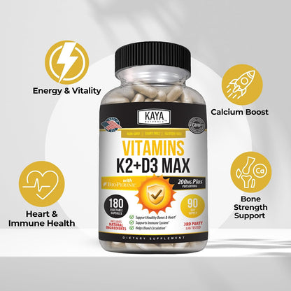 Kaya Naturals Vitamin K2 with D3 5000IU Supplement with Bioperine - Easy to Swallow Capsules (180 Count)