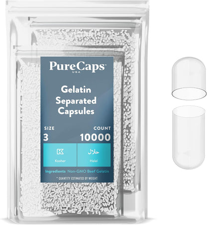 PureCaps USA - Empty Gelatine Capsules Size 3 | 2,000 Capsules | Clear | Non-GMO Certified | SLS, Gluten, Preservative Free
