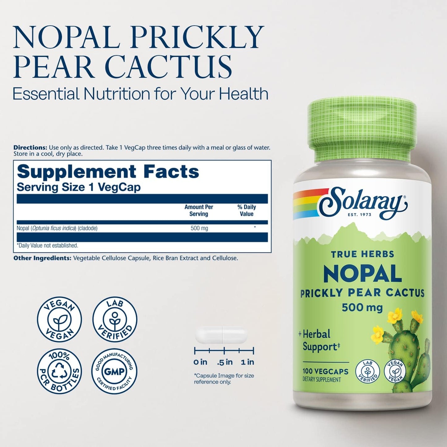 Solaray Nopal Prickly Pear Cactus Capsules, 500 mg per Serving – 100 VegCaps - görsel 2