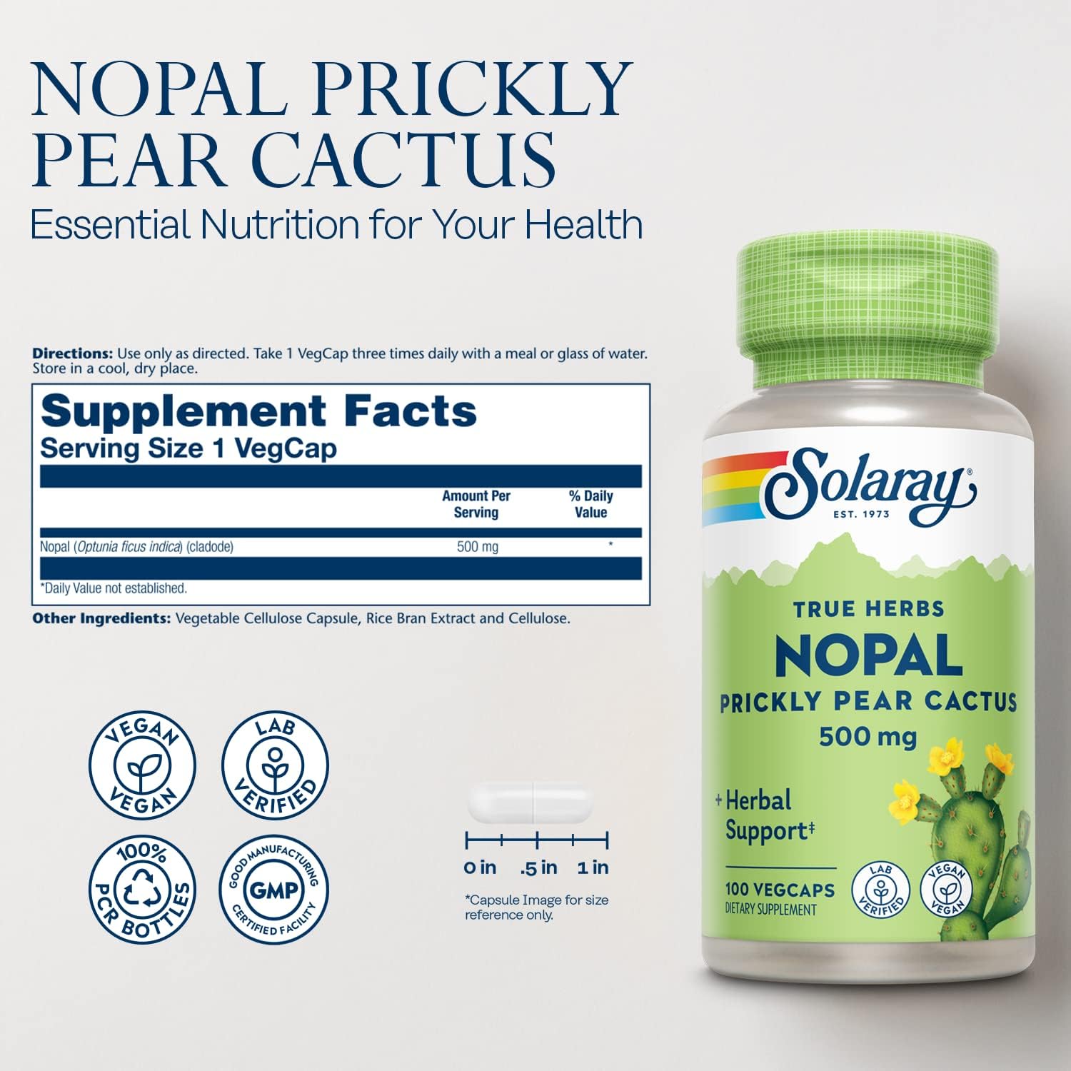 Solaray Nopal Prickly Pear Cactus Capsules, 500 mg per Serving – 100 VegCaps - görsel 2