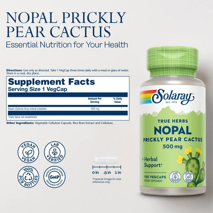 Solaray Nopal Prickly Pear Cactus Capsules, 500 mg per Serving – 100 VegCaps