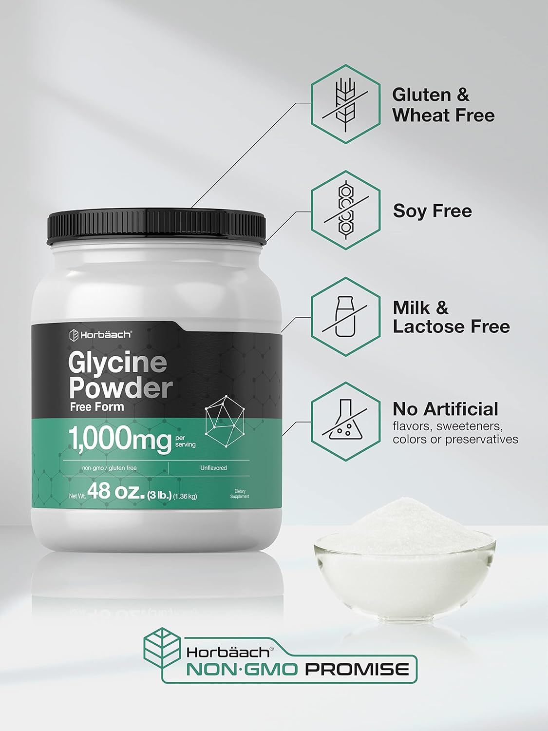 Horbäach Glycine Powder, 3 lb (1.36 kg) - Unflavoured, Vegetarian, Non-GMO, Gluten-free Free Form Amino Acid Supplement - görsel 4
