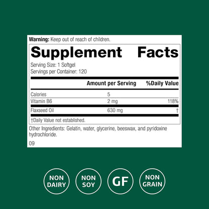 Standard Process Inc. Flax Oil with B6 – Supplement for Hormone and Nerve Tissue Support – Brain, Heart and Skin – Gluten‑Free, Non‑Dairy and Non‑Soya – 120 Softgels