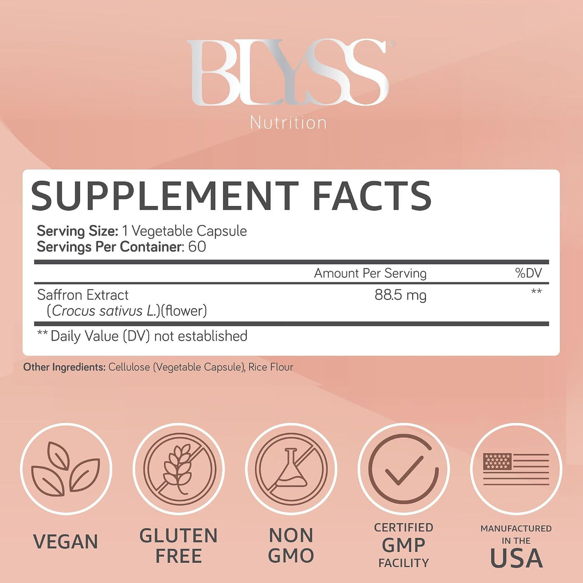 BLYSS Nutrition Saffron Extract Capsules – Support Mood, Energy, PMS Relief, Mental Clarity and Metabolism – Non-GMO, Gluten-Free, 60 Vegan Capsules - görsel 2