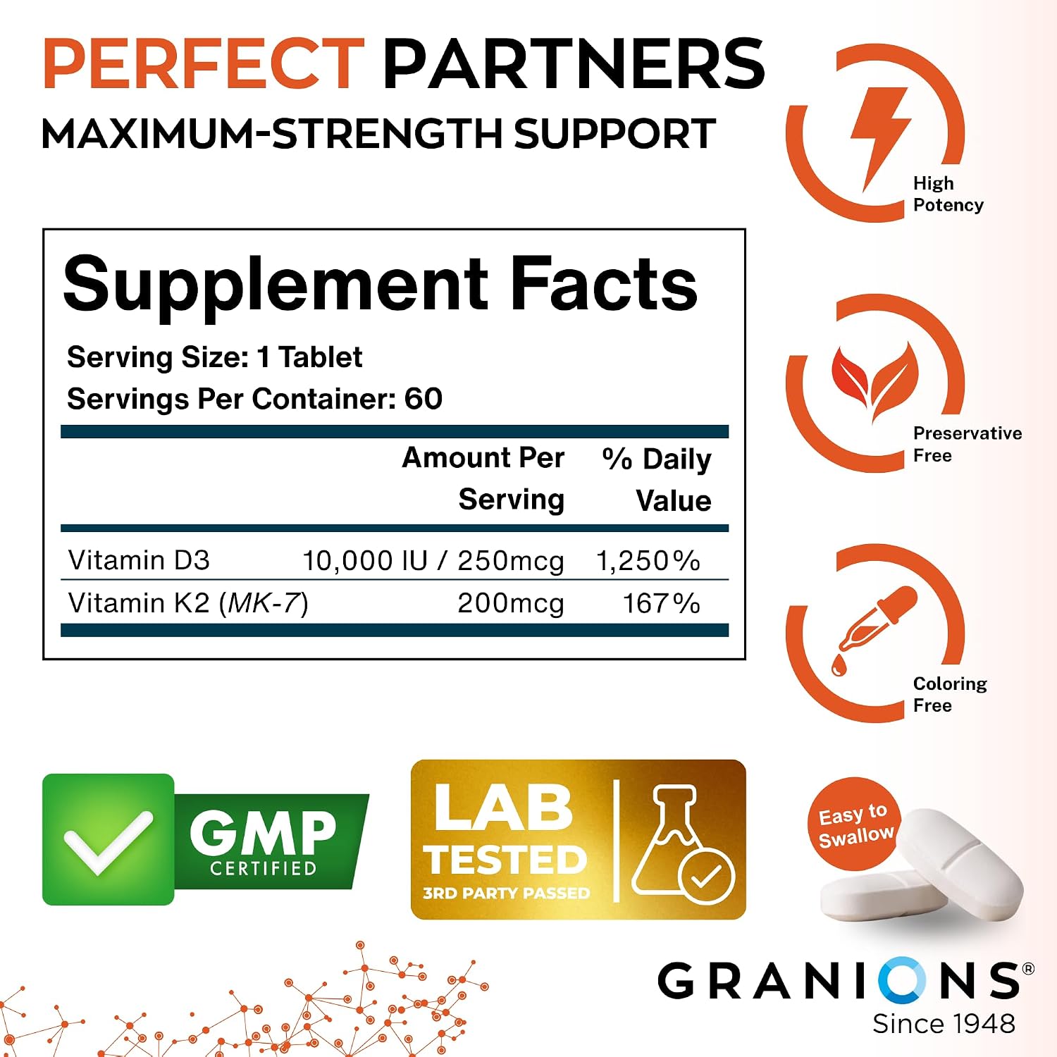 Granions Max Strength Vitamin D3 K2 Supplement - 10,000 IU D3 + 200mcg MK-7 Vitamin K2, 60 Tablets - görsel 5