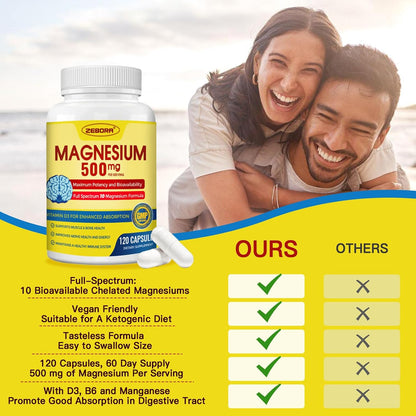 ZEBORA 10-in-1 Magnesium Complex Food Supplement - 500mg Magnesium Glycinate, Citrate & Malate with Vitamin D3 & Zinc - 120 Capsules