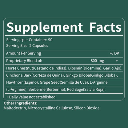 Fuenvegtal Horse Chestnut Circulation Capsules - 10-in-1 Herbal Formula for Healthy Blood Flow & Nitric Oxide Support (90 Capsules)