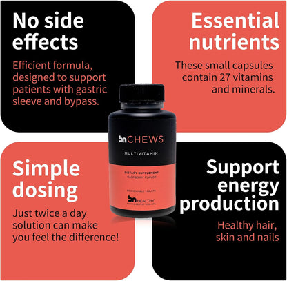 BNHealthy Chews Bariatric Multivitamin with Iron - Chewable Daily, Raspberry Flavoured, 60 Tablets