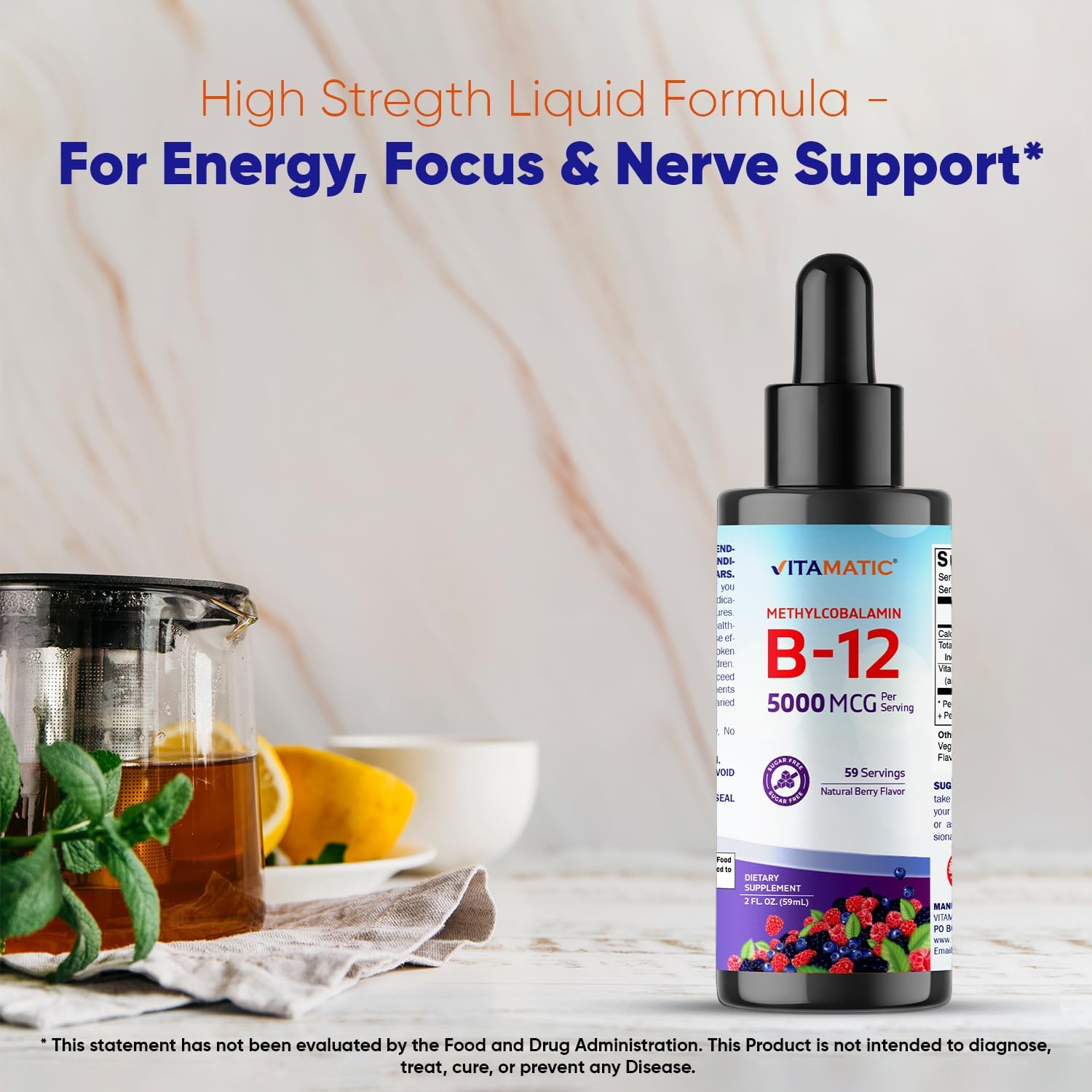 Vitamatic Liquid Vitamin B12 5000 mcg (Methylcobalamin) - Natural Berry Flavour - Sublingual - 2 Pack - görsel 5