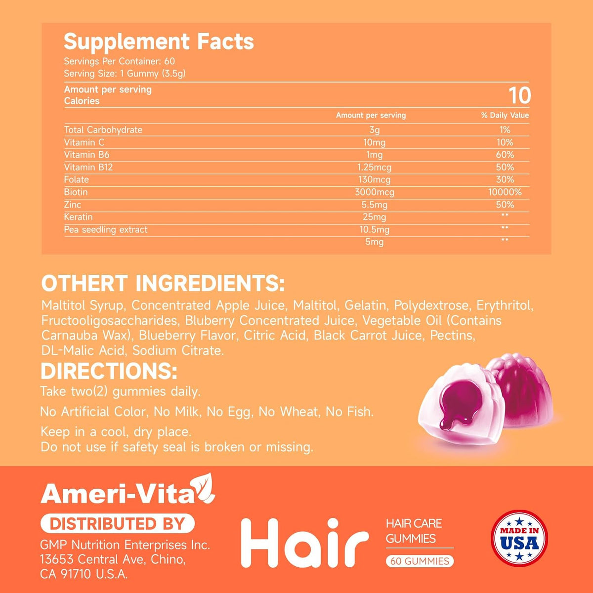Ameri-Vita Daily Biotin Gummies - 3000µg - Vegan, Sugar-Free, Blueberry Flavour - 60 Gummies - görsel 2