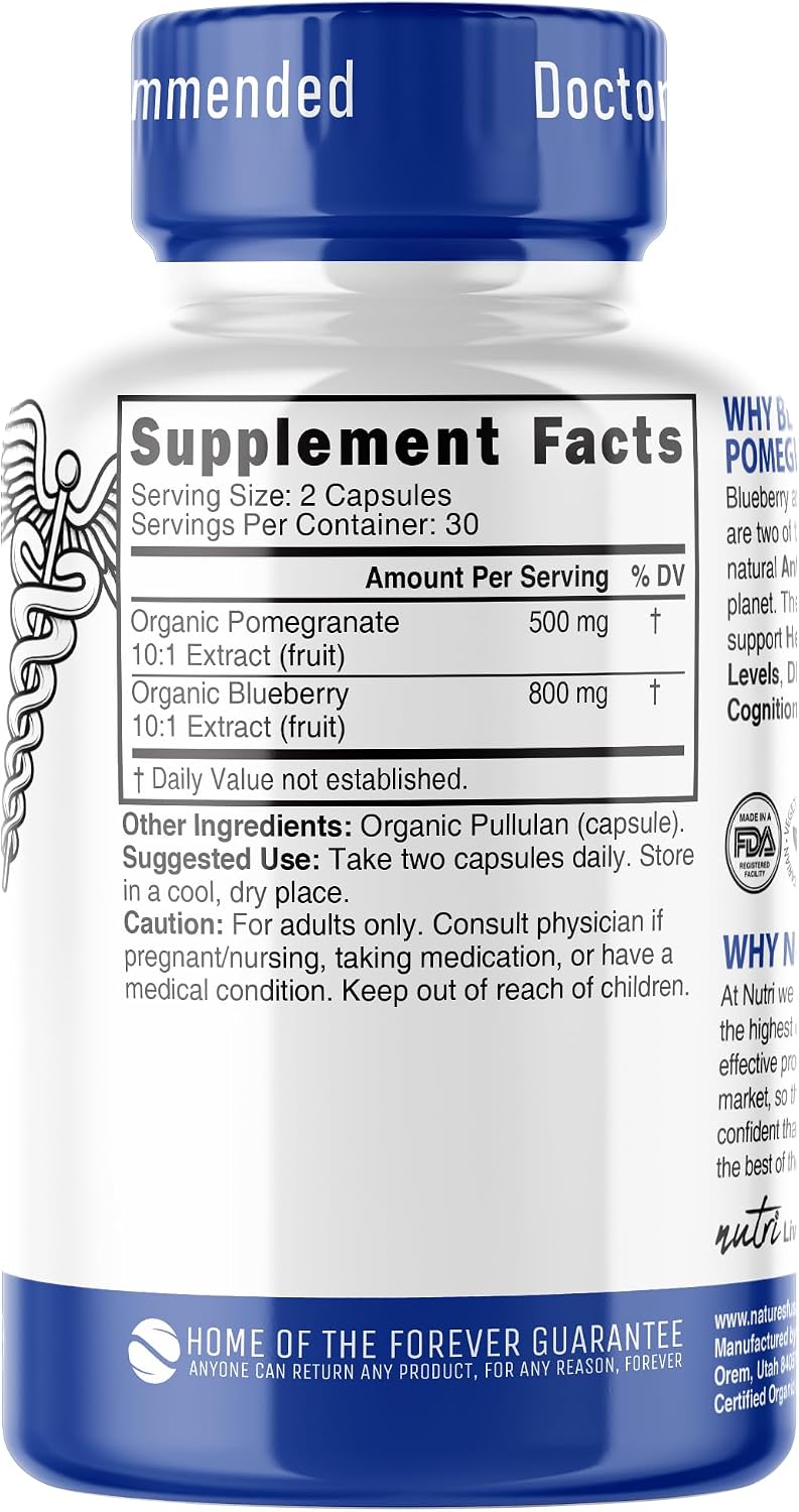 Nutri Organic Blueberry Pomegranate Supplement 1300mg – 800mg 10:1 Blueberry Extract & 500mg 10:1 Pomegranate Extract – Certified Organic – 60 Capsules – High in Anthocyanins and Polyphenols - görsel 2