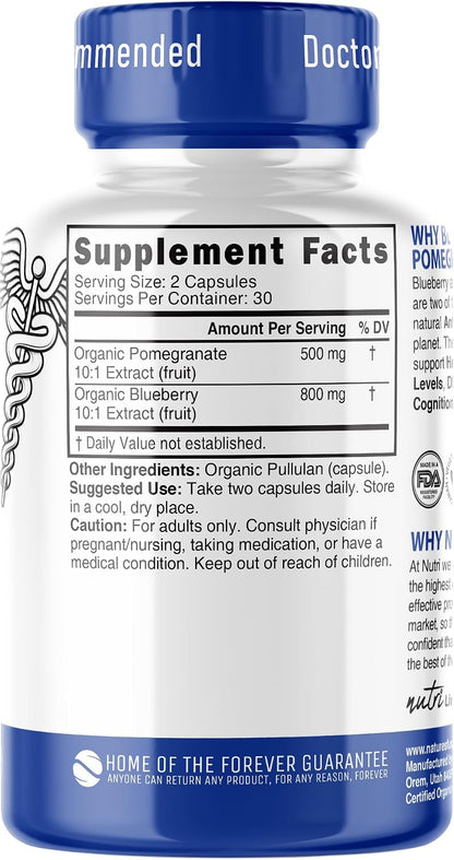 Nutri Organic Blueberry Pomegranate Supplement 1300mg – 800mg 10:1 Blueberry Extract & 500mg 10:1 Pomegranate Extract – Certified Organic – 60 Capsules – High in Anthocyanins and Polyphenols