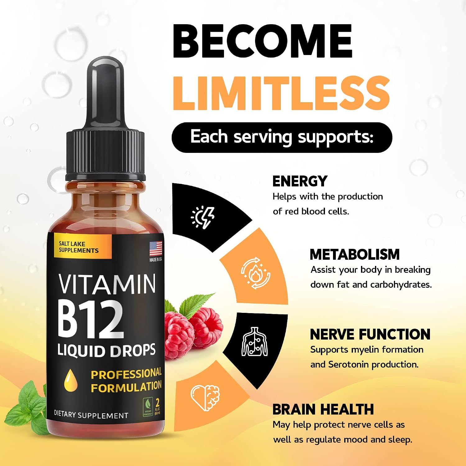 Vitamin B12 Liquid Drops, 5000 µg Methylcobalamin with B2, B3, B6 - Vegan Sublingual B Complex, Raspberry Flavour, 60 ml - görsel 3
