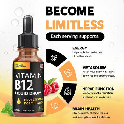 Vitamin B12 Liquid Drops, 5000 µg Methylcobalamin with B2, B3, B6 - Vegan Sublingual B Complex, Raspberry Flavour, 60 ml
