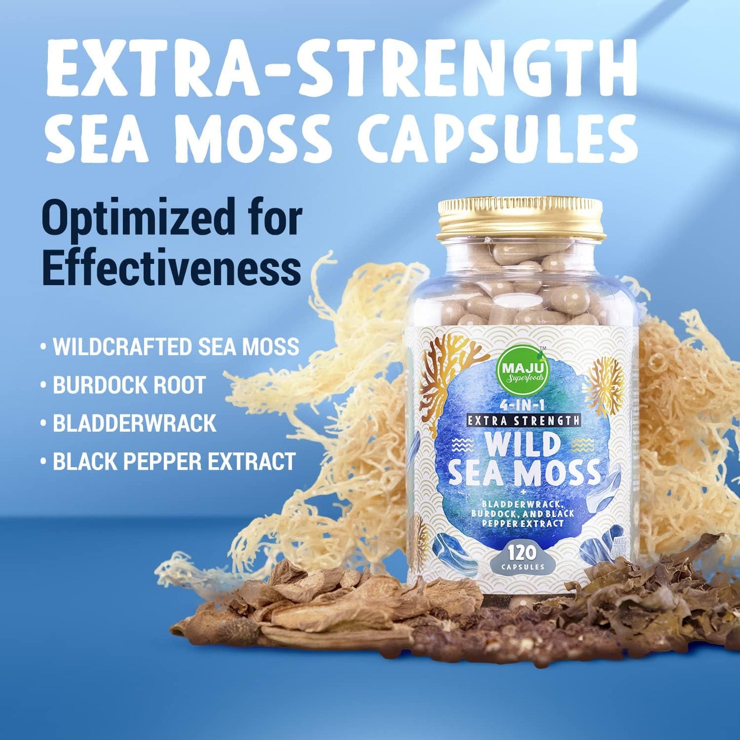 MAJU Wild Irish Sea Moss Capsules - 4-in-1 with Bladderwrack, Burdock Root & Black Pepper (120 Capsules) - görsel 5