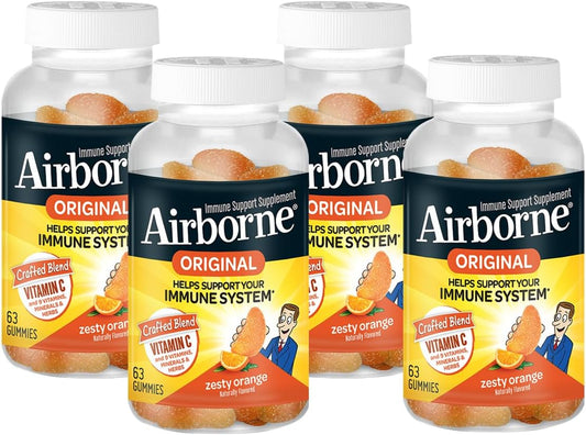 Airborne Immune Support Gummies, Zesty Orange Flavour, 63 ct - 750 mg Vitamin C + Vitamins A, D & E + Zinc, Selenium, and Manganese | with Herbal Blend | Naturally Flavoured (4 Pack)