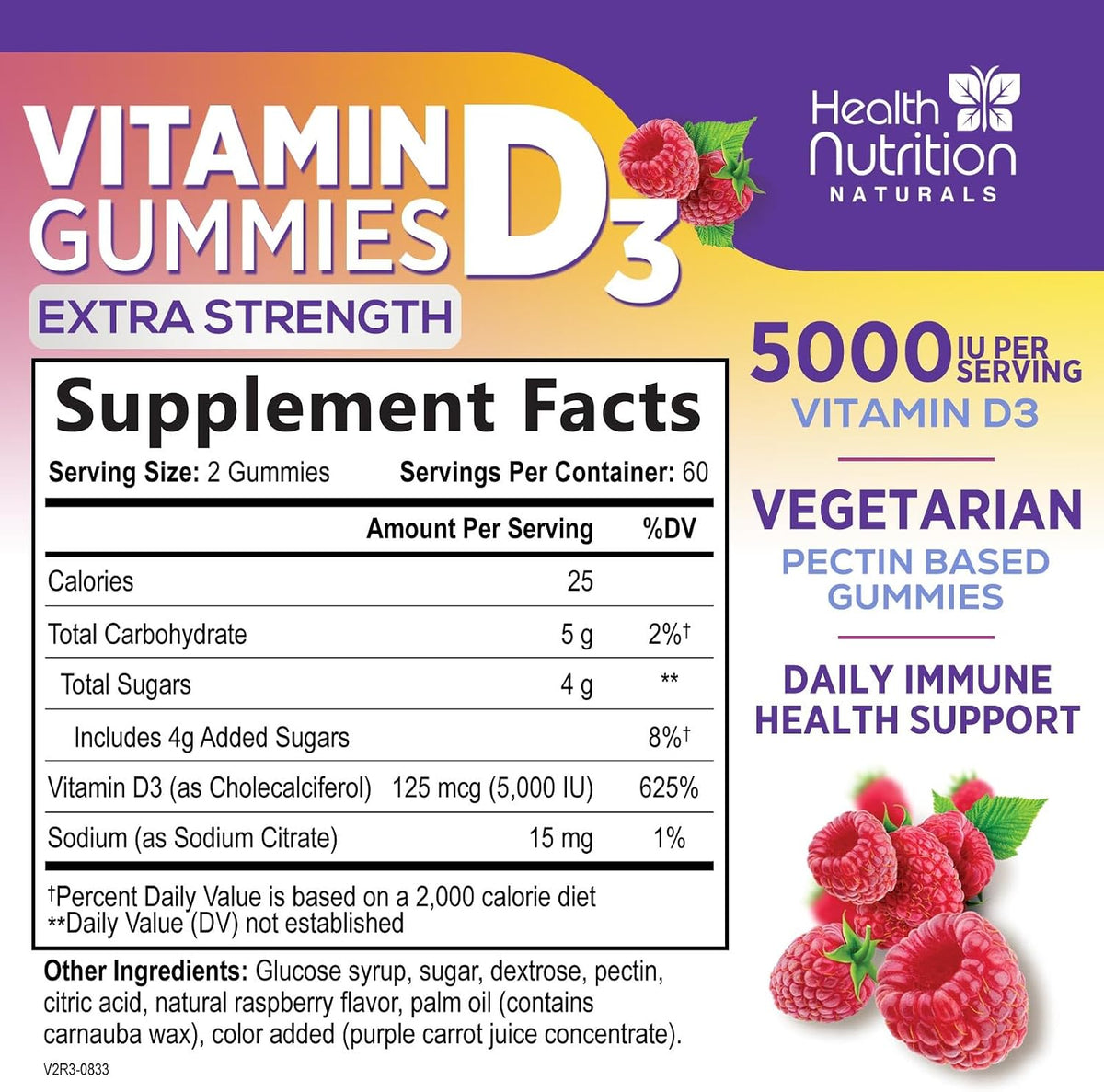 Health Nutrition Naturals Vitamin D3 Gummies 5000 IU – Contributes to Normal Immune Function and Bone Maintenance, Raspberry Flavoured, 120 Gummies - görsel 2