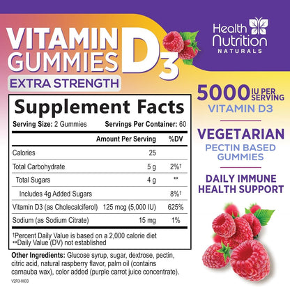 Health Nutrition Naturals Vitamin D3 Gummies 5000 IU – Contributes to Normal Immune Function and Bone Maintenance, Raspberry Flavoured, 120 Gummies