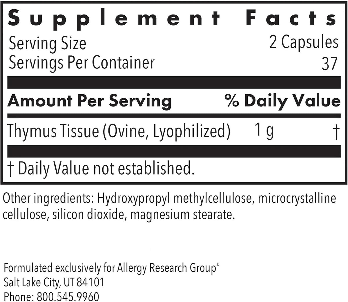 ARG Thymus by Allergy Research Group – Freeze-Dried Bovine Thymus Extract, 75 Vegetarian Capsules - görsel 2