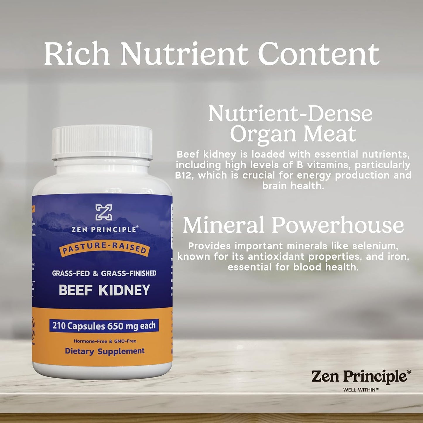 Zen Principle Grass Fed Beef Kidney Supplement – 210 Capsules, 3000 mg, DAO Enzyme for Histamine & Thyroid Function - görsel 5
