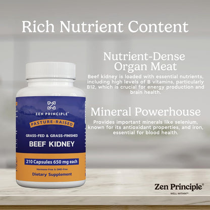 Zen Principle Grass Fed Beef Kidney Supplement – 210 Capsules, 3000 mg, DAO Enzyme for Histamine & Thyroid Function