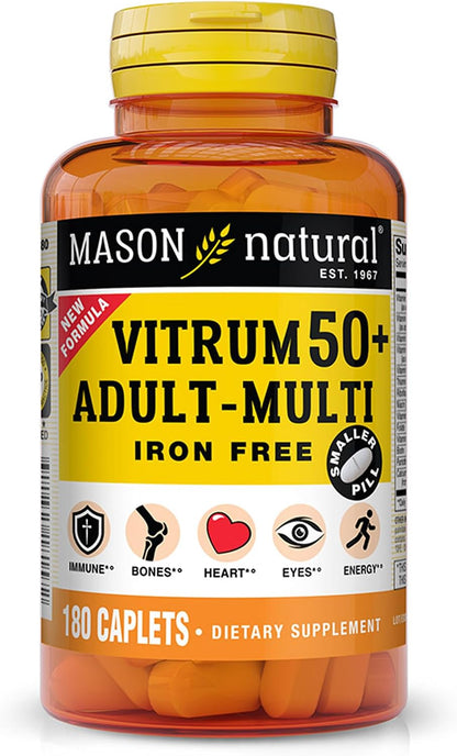 MASON NATURAL Vitrum 50+ Adult Multi, Iron-Free - Multivitamin for Men & Women Over 50, 180 Tablets